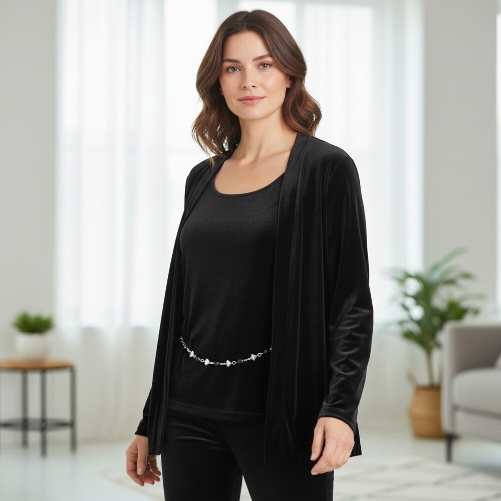 Notations Sz‎ M Black Velvet Shell Top Attached Jacket Beaded Belt #235G